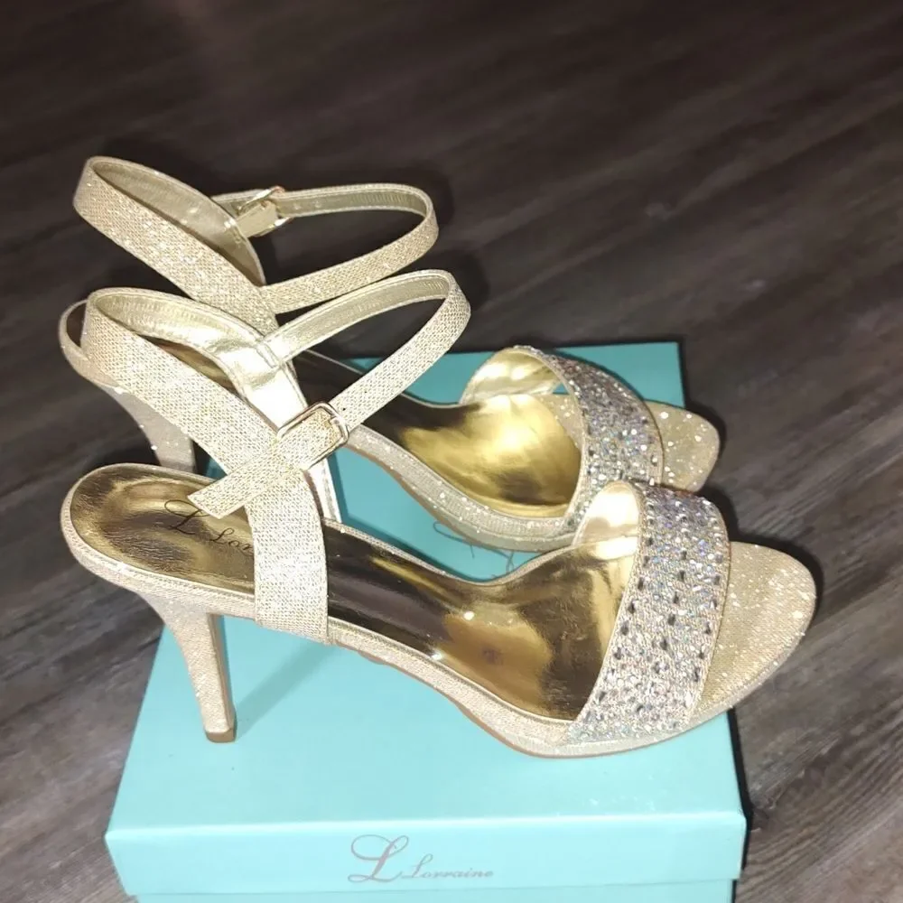 Lauren  Lorraine Lida Nude  gold sequin heels Christmas party wedding Sz 9